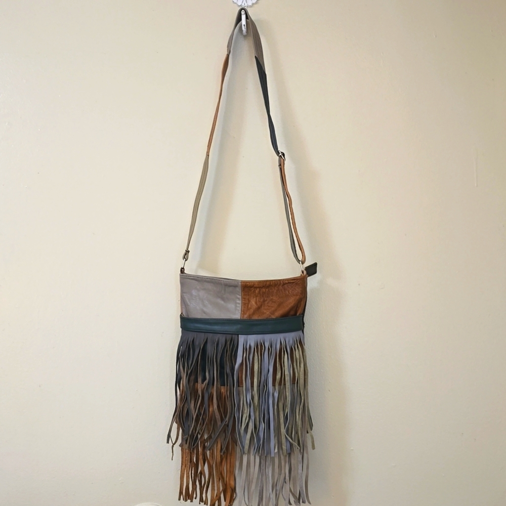 Genuine Leather Fringe Crossbody Bag. Colors: Tan, Gray, Winter Green, Black.